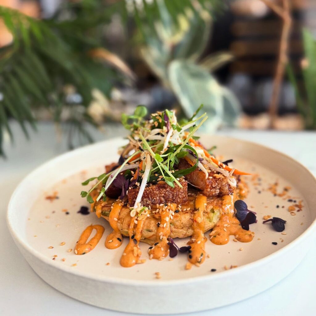 South End Social brunch special - Savoury Pancake with Pork Belly, Chilli Sesame Dressing & Garlic Crunch